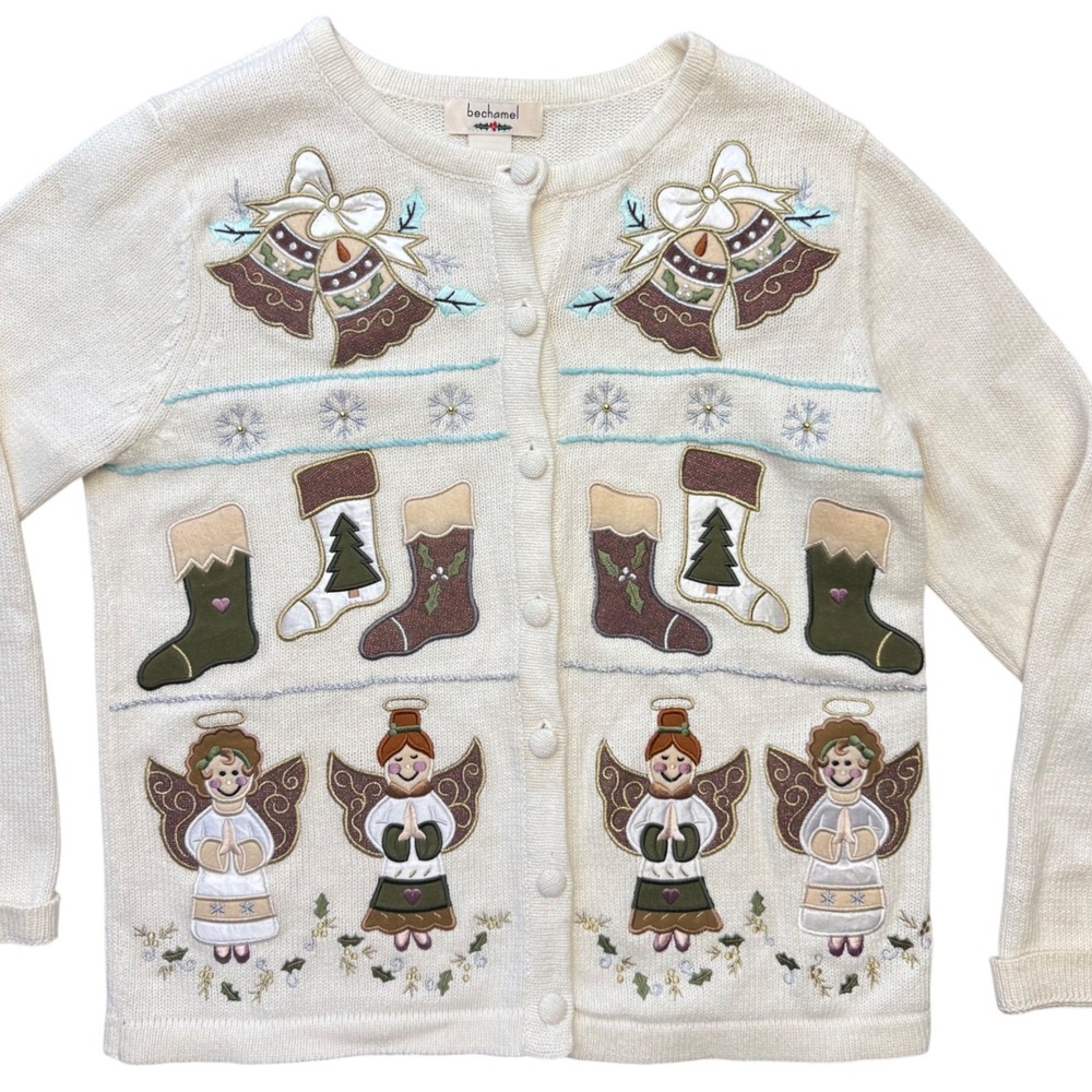 Vintage Womens Christmas Cardigan Small Sweater‎ Embroidered Angels Holiday